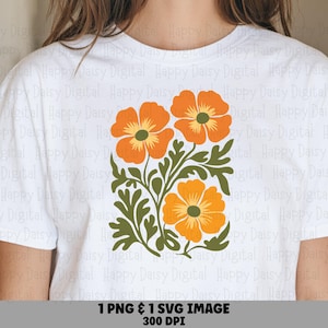 May include: A white short-sleeved t-shirt featuring a graphic print of three orange flowers with yellow centers and green leaves. The design is centered on the chest area of the shirt. The text Happy Daisy Digital is repeated across the background.