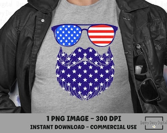 Patriotischer Bart PNG Amerikanische Flagge Sterne Sonnenbrille 4. Juli Lustige Männer Shirt Design Sublimation Kommerzielle Nutzung POD