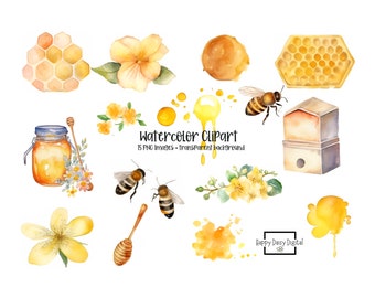Biene Aquarell Clipart Bundle, PNG Bild Bundle, Kleine Aquarell Clipart Honigbienen, Aquarell Bienen & Honig, Biene Clipart 15 PNG