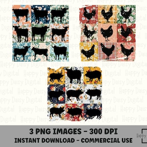 Sublimation de ferme bohème rétro, sublimation de poulet, sublimation de vache, sublimation de cochon floral poulet, patchwork de cochon, fille de ferme rétro png thumbnail