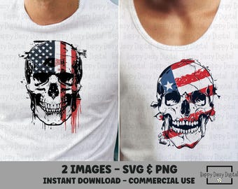 Patriotic Skull SVG PNG Bundle Distressed American Flag Drip 4th of July Mens Shirt Design Cricut Silhouette Commercial Use POD