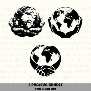 May include: A digital graphic bundle featuring three black and white illustrations: a detailed globe held in cupped hands, a stylised globe held in hands, and a globe held by two shaking hands. The text 3 PNG/SVG BUNDLE PNG = 300 DPI is included.