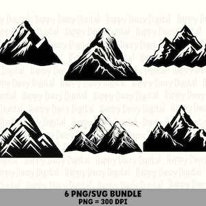 May include: A collection of six black and white mountain illustrations featuring various jagged peaks and rocky textures. The graphic set includes distinct mountain range silhouettes with sharp, angular lines and high-contrast shading for a bold visual effect.