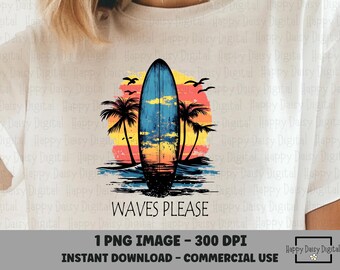 Diseño de camiseta con palmera PNG, tabla de surf, puesta de sol en la playa, verano, sublimación, alma salada, uso comercial, impresión bajo demanda (POD).
