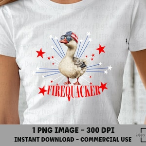 May include: White t-shirt featuring a graphic of a goose wearing sunglasses and a patriotic hat. The design includes red stars, blue and white lines, and the word "FIREQUACKER" in red.