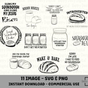 Puede incluir: Ilustración digital en blanco y negro con varias ilustraciones y texto sobre el tema de la masa madre. Incluye imágenes de panes, tarros y frases como "Wake & Bake" y "Sourdough Dealer". La imagen también incluye el texto "11 IMAGE - SVG & PNG".