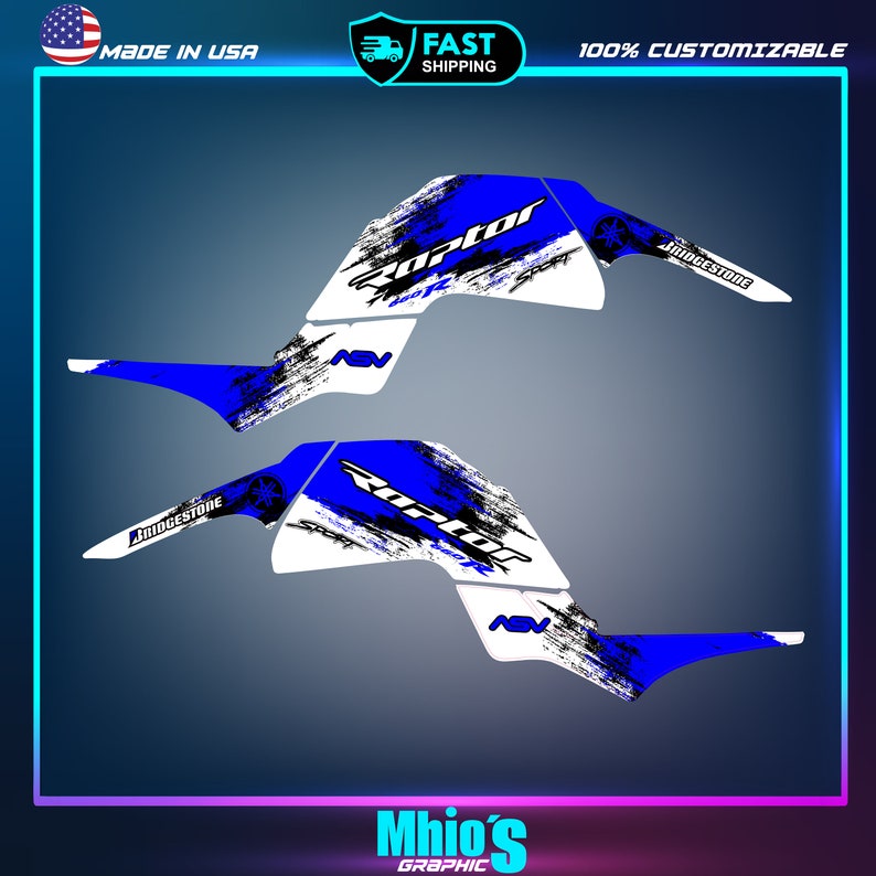 May include: Blue and white graphic design for a Raptor ATV. The design features a black and white distressed pattern, the word "Raptor" in white, and the Bridgestone logo.