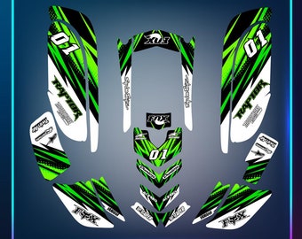 May include: Green and black graphic design for a Yamaha Raptor motocross bike. The design features the number 01, the words "Raptor" and "Twin Air", and the Fox logo.