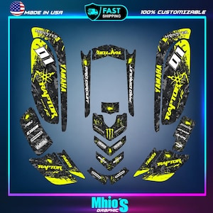 May include: A set of black and neon yellow graphic decals for a Yamaha Raptor 660R ATV. The stickers feature camouflage patterns, Monster Energy logos, and text including Raptor, Pro Circuit, Yamaha, Wiseco, Dunlop, and the number 01.