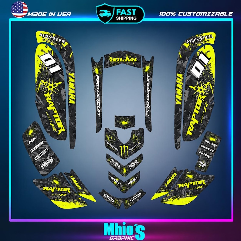 May include: A set of black and neon yellow graphic decals for a Yamaha Raptor 660R ATV. The stickers feature camouflage patterns, Monster Energy logos, and text including Raptor, Pro Circuit, Yamaha, Wiseco, Dunlop, and the number 01.