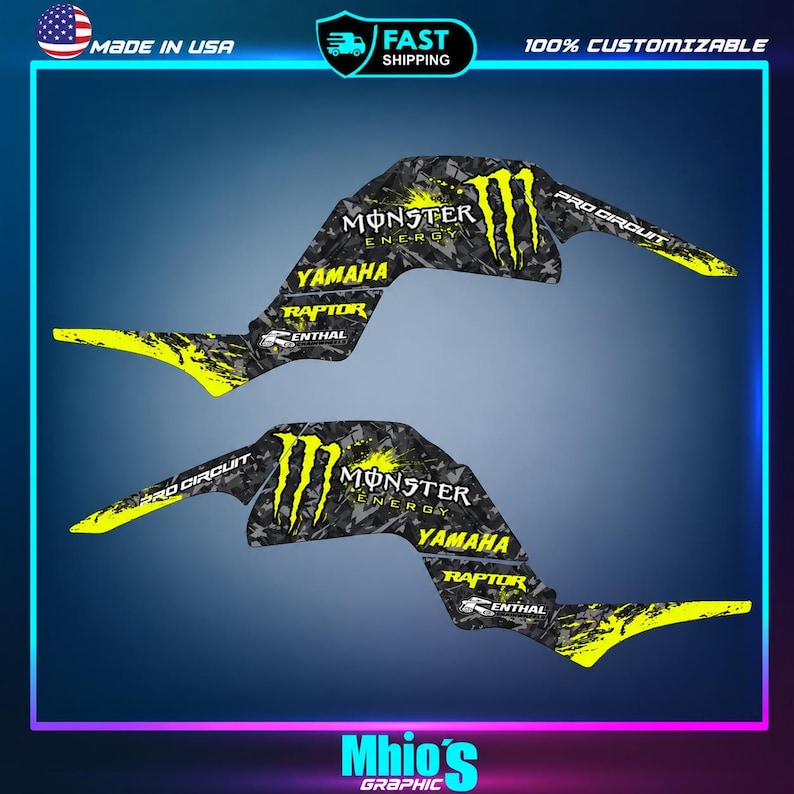 May include: Two black and grey camouflage patterned vinyl decals for a vehicle, featuring bright yellow Monster Energy logos, Yamaha, Raptor, Renthal, and Pro Circuit text. The graphics have sharp, angular shapes with yellow splatter accents.