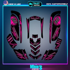 May include: Black and pink motorcycle graphics kit with the word "RAPTOR" and the number "10" repeated throughout the design.