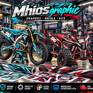 May include: A Mhios graphic kit for dirt bikes and ATVs featuring rolls of decals with abstract patterns in teal, black, white, and red. The kit includes number 96 decals for Yamaha vehicles, displayed alongside a teal dirt bike and a red ATV.