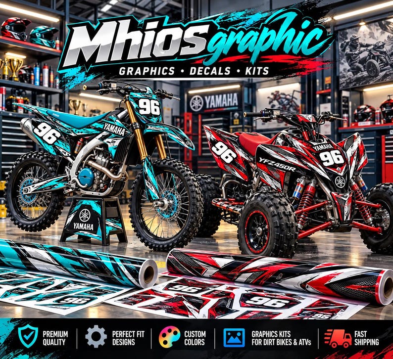 May include: A Mhios graphic kit for dirt bikes and ATVs featuring rolls of decals with abstract patterns in teal, black, white, and red. The kit includes number 96 decals for Yamaha vehicles, displayed alongside a teal dirt bike and a red ATV.
