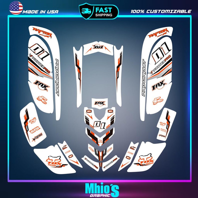May include: A white and orange motorcycle graphic kit with the words "Pitster Pro", "Pro Circuit", "Fox", and "01" printed on it.