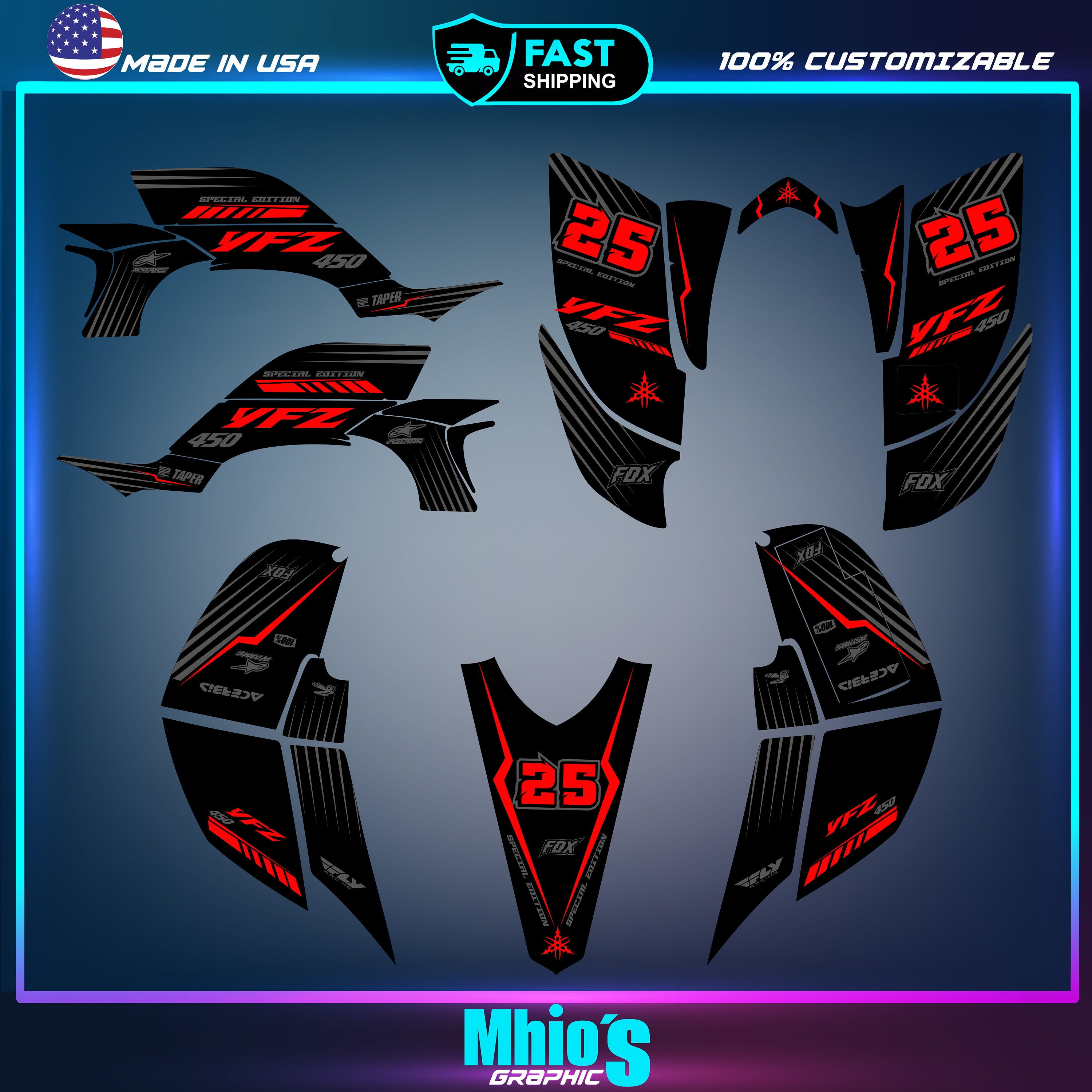 Kit D'autocollants (graphics) Pour Yamaha YFZ 450 2003-2008 - Vinyle Haute Brillance - Personnalisation Gratuite - Neuf