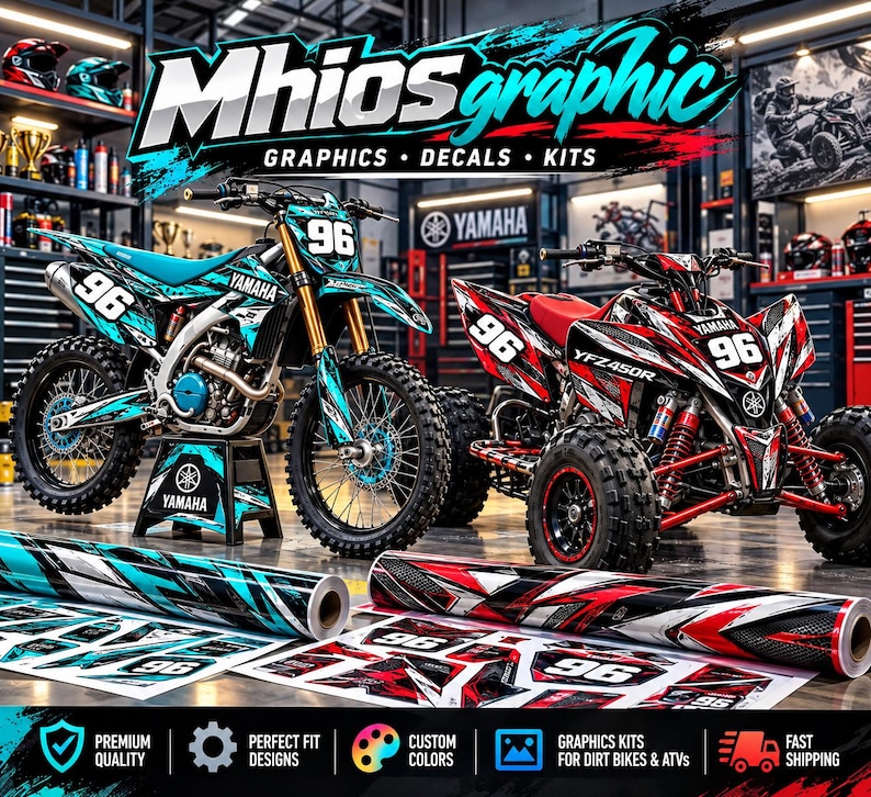 May include: A Mhios graphic kit for dirt bikes and ATVs featuring rolls of decals with abstract patterns in teal, black, white, and red. The kit includes number 96 decals for Yamaha vehicles, displayed alongside a teal dirt bike and a red ATV.