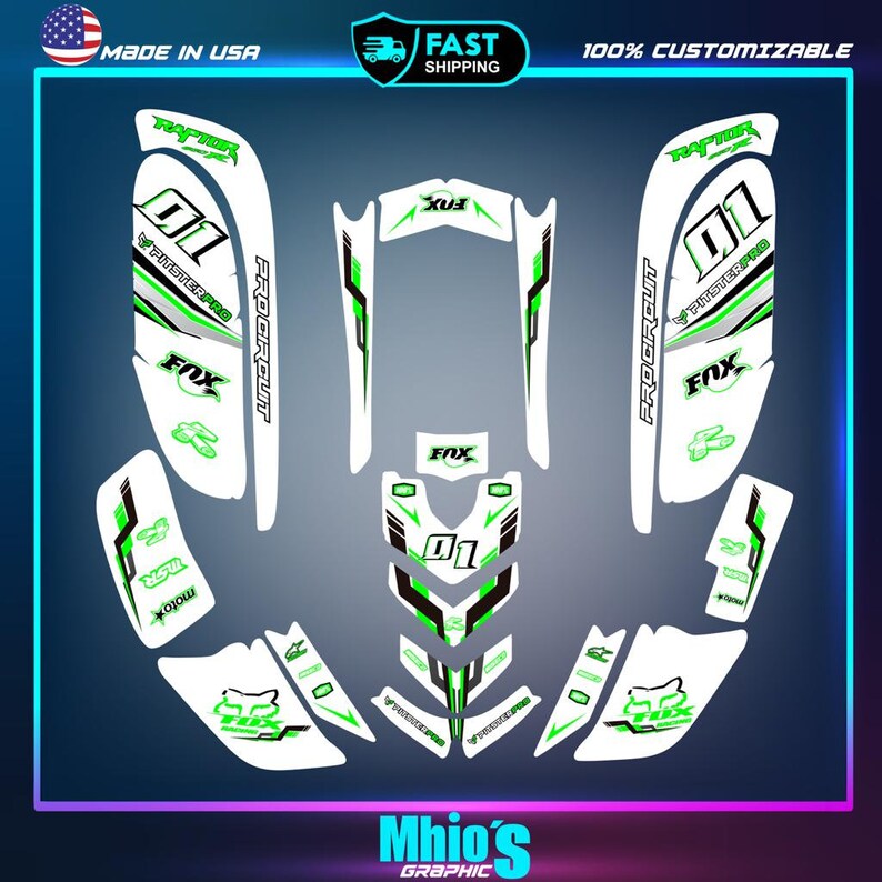 May include: Green and white motocross graphics kit with the words "Pitster Pro", "Pro Circuit", "Fox", and "Raptor" on it.