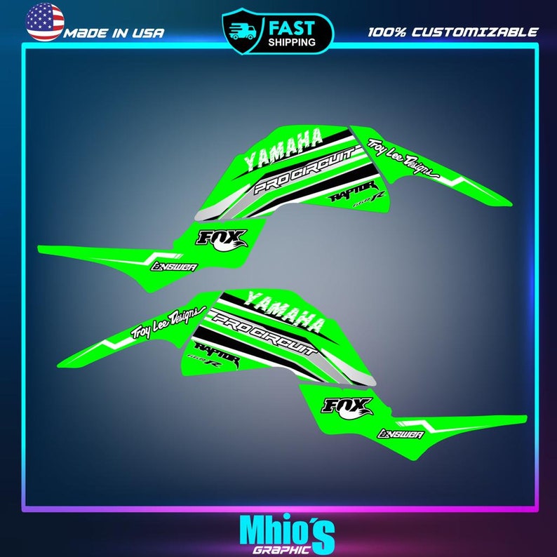 May include: Green and white Yamaha Pro Circuit graphics kit for a dirt bike. The kit features the Yamaha logo, Pro Circuit logo, Fox Racing logo, and Troy Lee Designs logo.