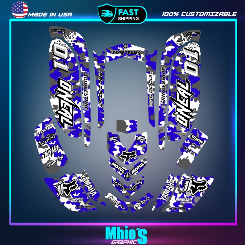 May include: A set of blue, white, and gray motocross graphics featuring a camouflage pattern, the words "ONEAL" and "RAPTOR", and the logos of GoPro, Motul, and Yamaha.