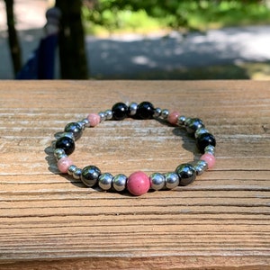 Rhodonite, Black Hematite, Rhodochrosite and Black Onyx Genuine Stone Handmade Round Beaded Crystal Bracelet