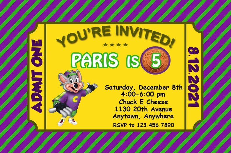 Chuck E Cheese Birthday Invitation, Chuck E Cheese Birthday Party
