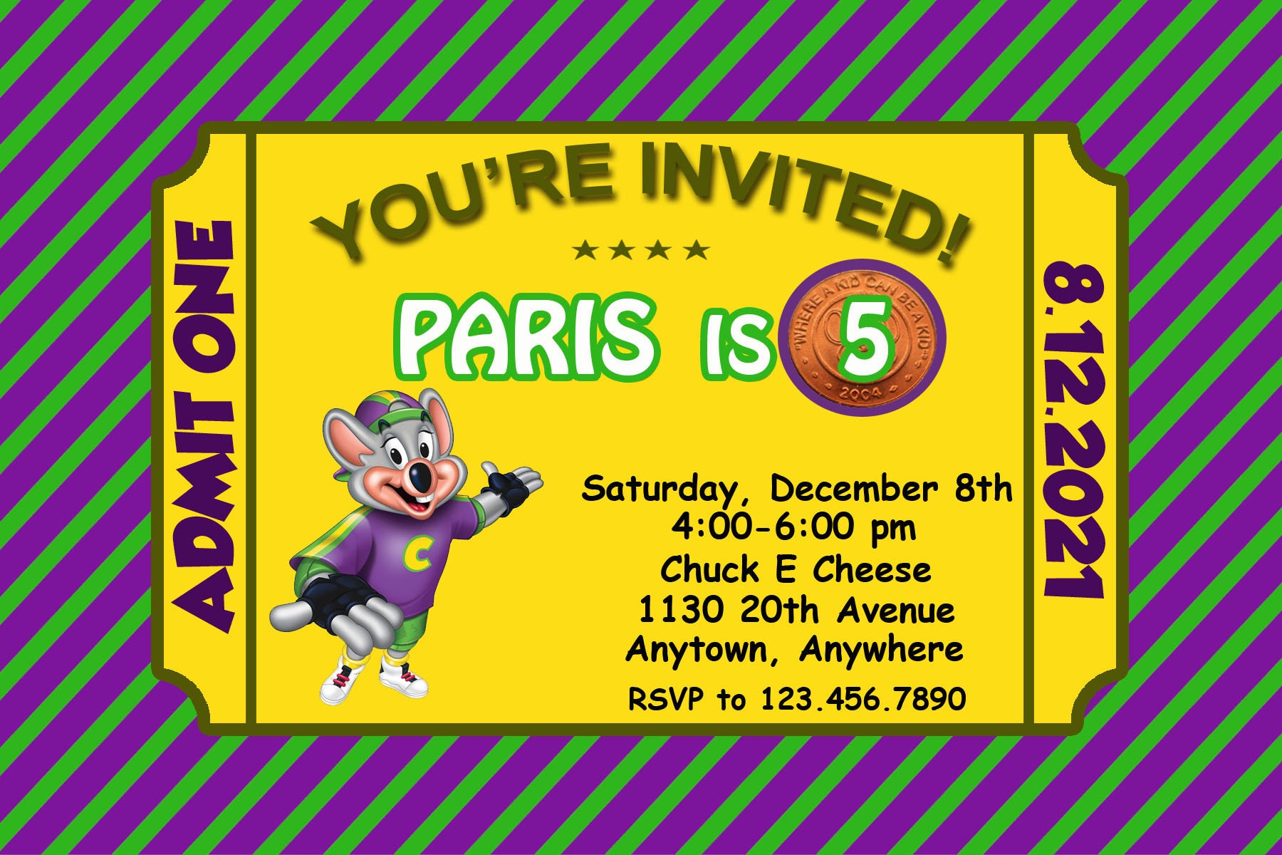 Chuck E Cheese Birthday Invitation, Chuck E Cheese Birthday Party ...