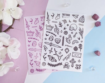 tattoo flash A6 sticker sheet - pink or black and white journal stickers, skulls, daggers, spooky and love designs