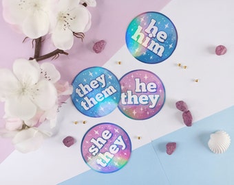 holographic pronoun stickers - she/they, she/her, he/they, he/him, they/them, laptop ipad guitar helmet vinyl lgbtq genderfluid nonbinary