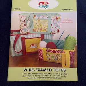 May include: A brochure for wire-framed totes, showcasing three different sizes with various fabric patterns. The totes have handles and pockets, and the brochure text highlights their sturdiness and washability.