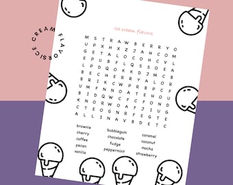 Word Search puzzle Ice Cream Flavors Printable Party Game Senior Activities Brain Teaser Games Kid's Classroom Activities Challenge Games