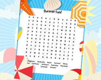 Word Search Puzzle Printable Party Games Summer Kid's Activities 60th Party Games Backyard Party Games Summer Fun Activities for Classroom