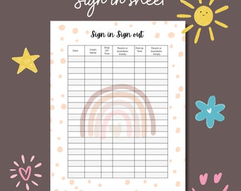 Sign-in Sheets Printable Childcare Attendance Sheet Drop off Form Classroom Attendance Sign in and out Logs Boho Rainbow Sign in-out form