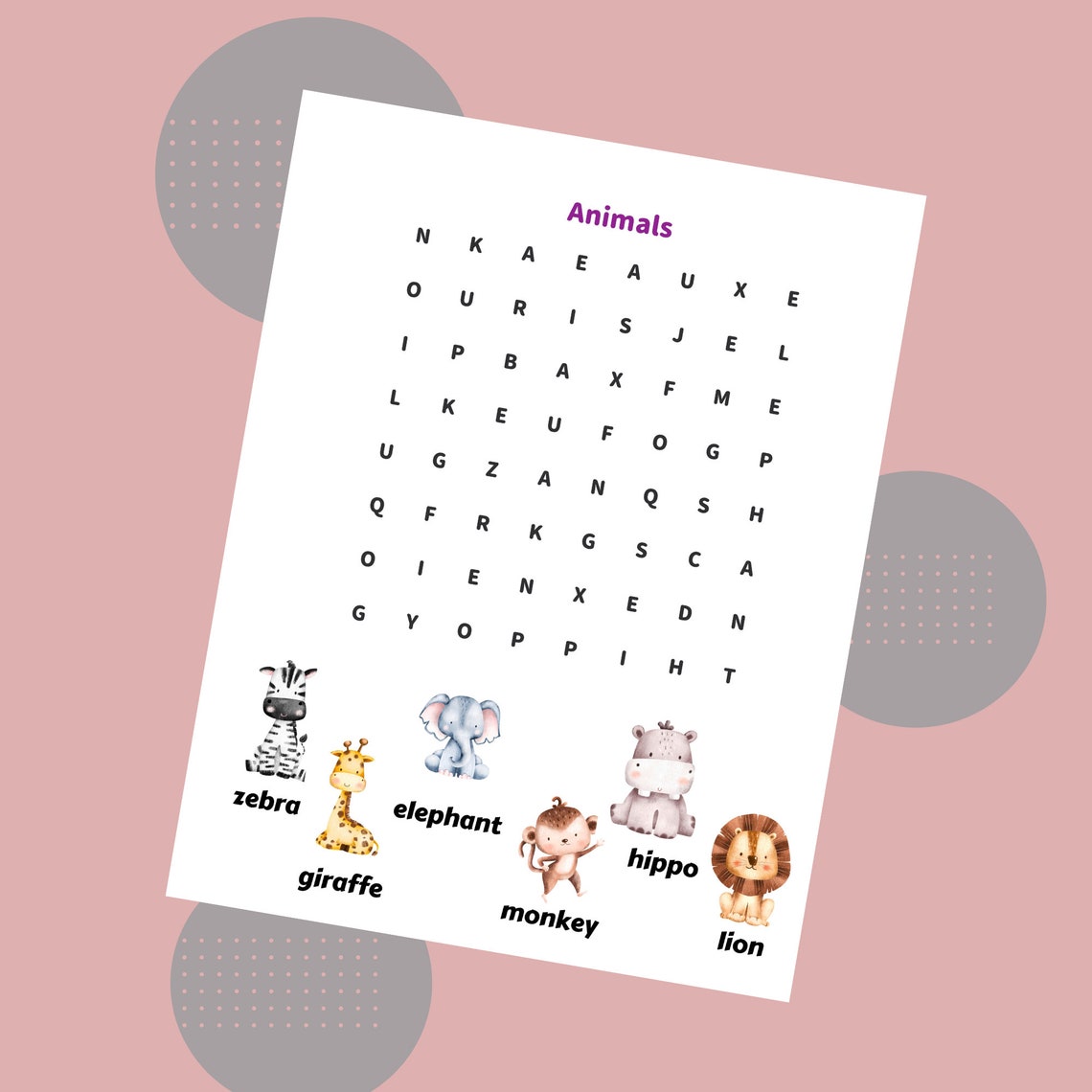 Word Search Puzzles Animal Printable Puzzle Worksheet for Kids and ...