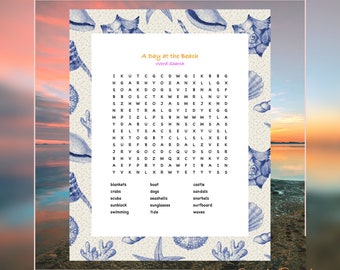 Word Search Puzzles Beach Printable Party Game For Senior and Kid Worksheet Brain Game Puzzle Summer Word Search For Classroom Activities