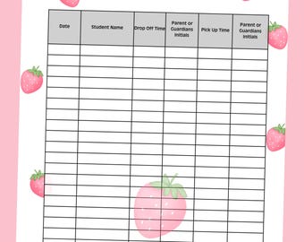 Student Sign in Sheet Template, Strawberry, Attendance Tracking Sheet, Printable attendance sheet, Daily sign in form, Classroom logs,