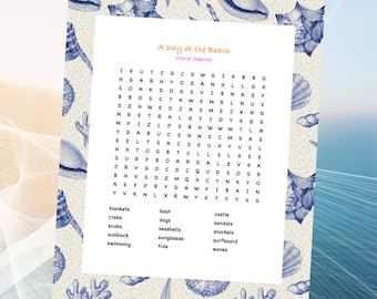 Word Search Puzzles Beach Printable Party Game For Senior and Kid Worksheet Brain Game Puzzle Summer Word Search For Classroom Activities