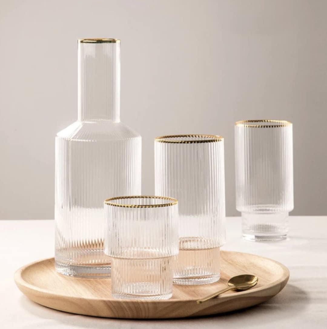 Ripple Carafe & Crystal Highball Glass Cup Set Ribbed - Etsy UK