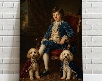 Custom Royal Child and Pet Portrait from Photo | Renaissance Boy with Dogs Painting | Personalized Family Gift | Kid and Dog Canvas Print