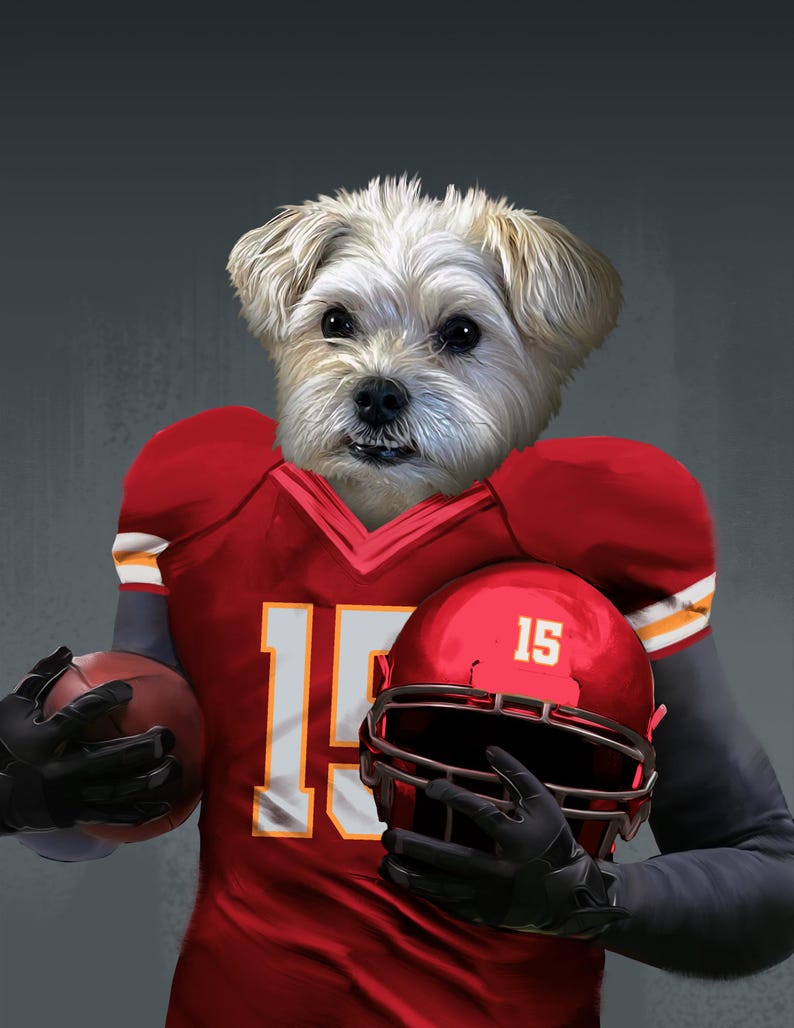 Pode incluir: Um c&atilde;o branco vestindo um uniforme de futebol vermelho e branco com o n&uacute;mero 15 na camisa. O c&atilde;o est&aacute; segurando uma bola de futebol em uma m&atilde;o e um capacete de futebol vermelho na outra.