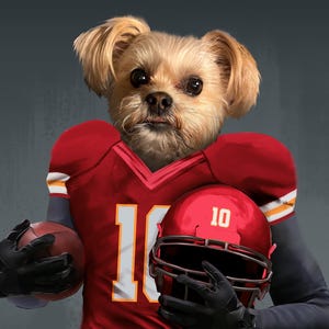 Pode incluir: Um pequeno c&atilde;o castanho claro vestindo um uniforme de futebol vermelho e branco e segurando um capacete de futebol vermelho com o n&uacute;mero 10. O c&atilde;o tamb&eacute;m est&aacute; segurando uma bola de futebol marrom.
