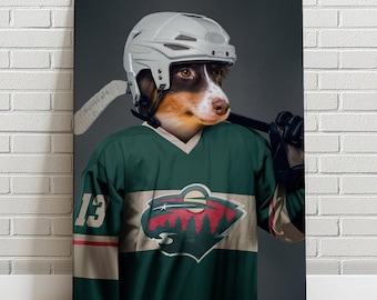 Custom Pet Portrait Ice Hockey Minnesota Wild Canvas Funny Pet Lover Fathers Day
