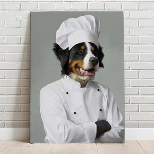 May include: A black and brown dog wearing a white chef's hat and a white chef's jacket with black buttons. The dog is standing against a gray background.