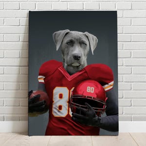 Pode incluir: Um c&atilde;o cinza vestindo uma camisa de futebol vermelha e branca e segurando um capacete de futebol vermelho. A camisa tem o n&uacute;mero 81.