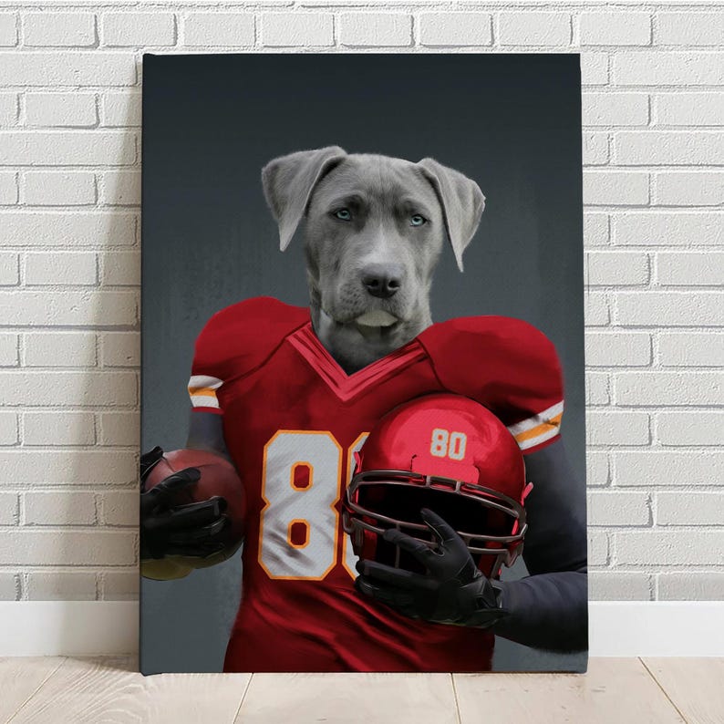 Pode incluir: Um c&atilde;o cinza vestindo uma camisa de futebol vermelha e branca e segurando um capacete de futebol vermelho. A camisa tem o n&uacute;mero 81.