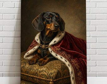 Custom Royal Dachshund Portrait from Photo | Renaissance King Wiener Dog Painting | Personalized Pet Gift | Regal Doxie Wall Art Canvas