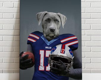 Retrato personalizado de animal de estimação em tela com o tema do Buffalo Bills (cães e gatos)