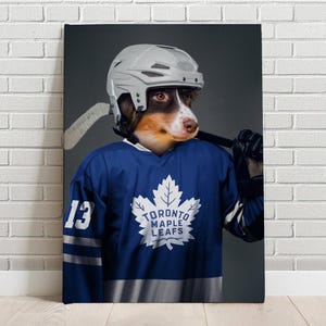 Benutzerdefinierte Haustier-Porträt-Eis-Hockey Toronto-Ahornblatt-Leinwand Lustiger Haustier-Liebhaber-Vatertag