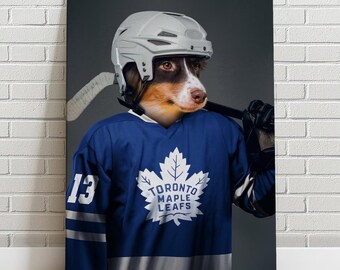 Custom Pet Portrait Ice Hockey Toronto Maple Leafs Canvas Funny Pet Lover Fathers Day