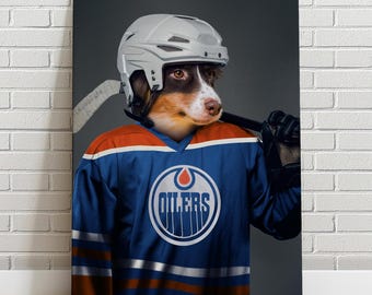Custom Pet Portrait  Ice Hockey Edmonton Oilers Canvas Dog Cat Portrait
